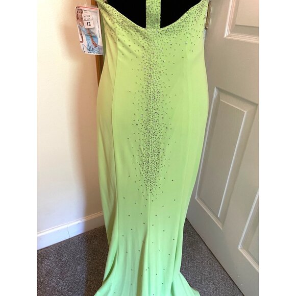 New Niki Livas Lime Green Evening Dress Gown Sz 12 Rhinestone Halter Open Back - Picture 4 of 13